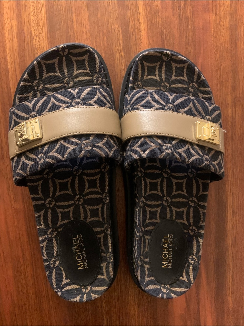 Michael Kors Navy Patterned Slide Sandals with Tan Strap and gold embellishments